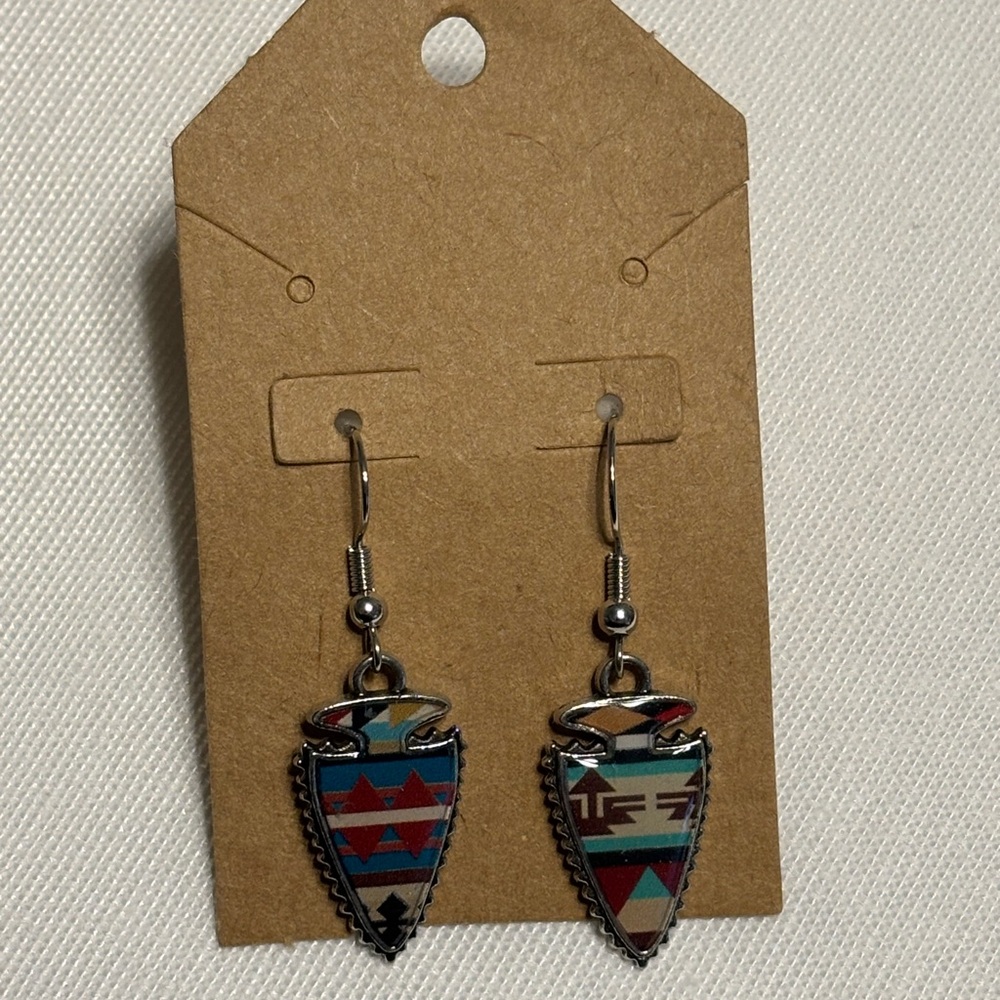 Silver and Multicolor Tribal Arrowhead Earrings‎ - Picture 2 of 2